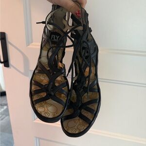 Fly London Black Strappy Women's Wedge Sandals